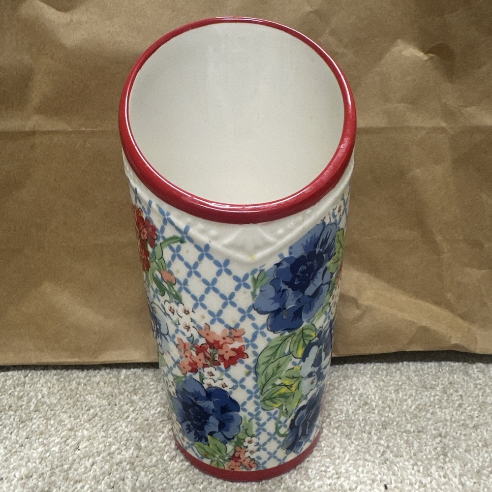 The Pioneer Woman Floral Utensil Holder Vase Stoneware Red Blue 8 Inch